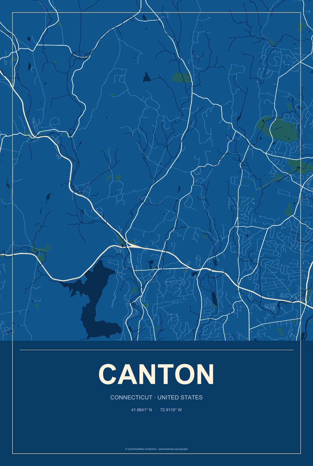 Canton, Connecticut City Map Aluminum Sign in Harbor Cobalt style