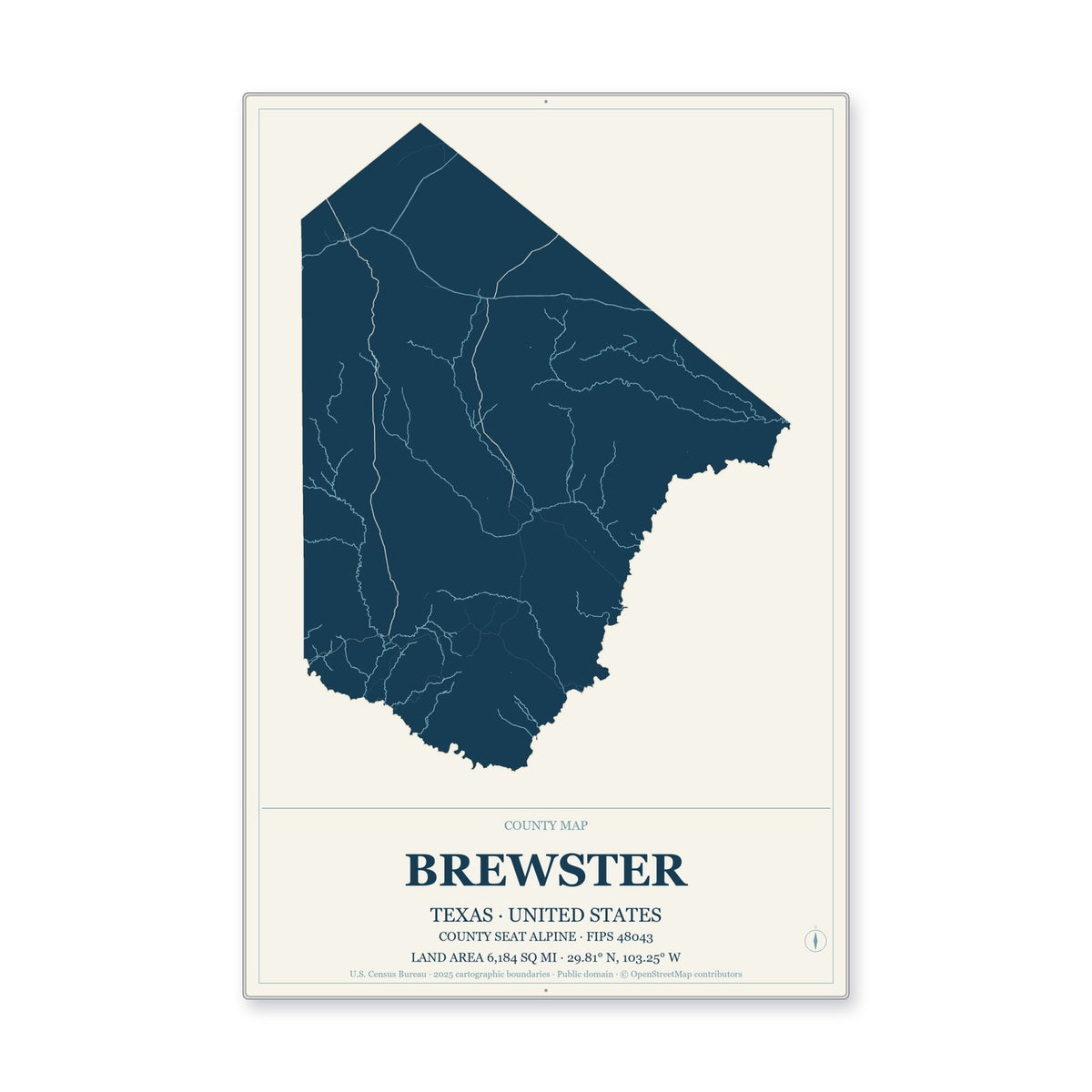 Brewster County, Texas Map Aluminum Sign in Coastal Cutout style
