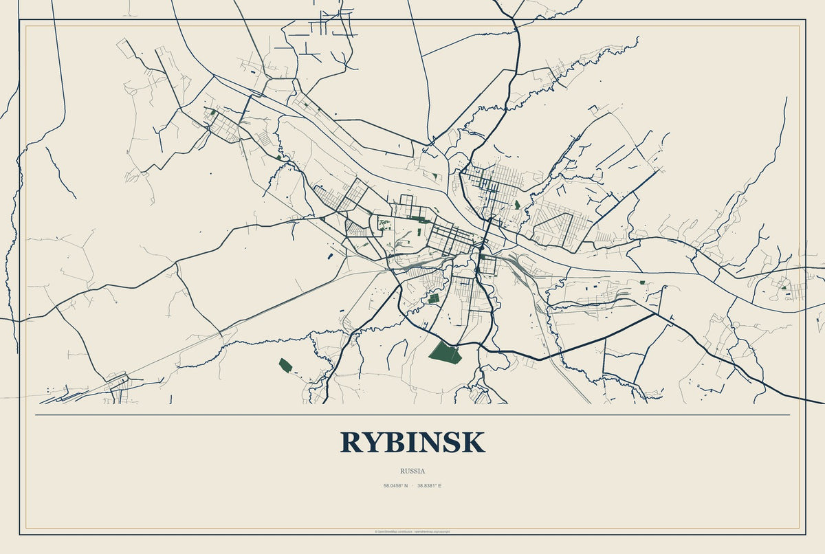 Rybinsk, Russia City Map Aluminum Sign in Coastal Cutout style