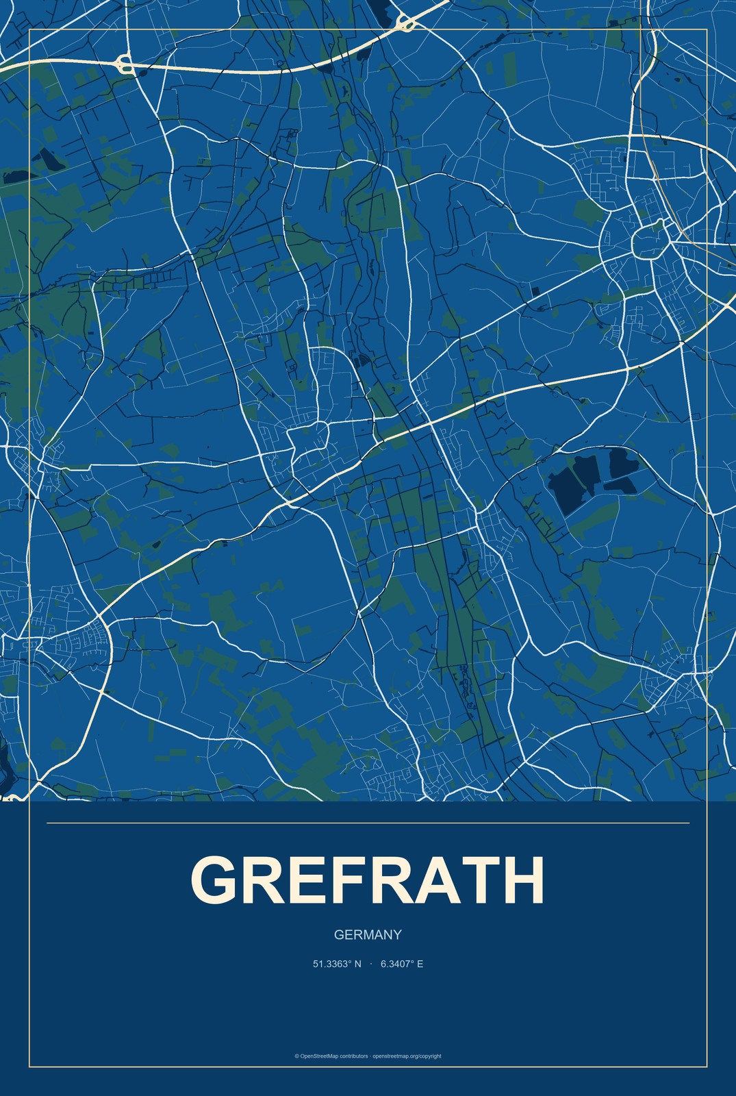 Grefrath, Germany City Map Aluminum Sign in Harbor Cobalt style