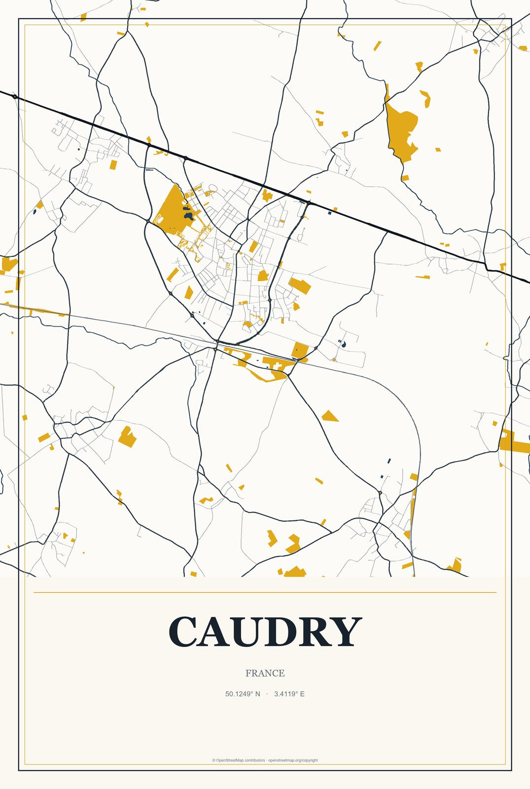 Caudry, France City Map Aluminum Sign in Citrine Modern style