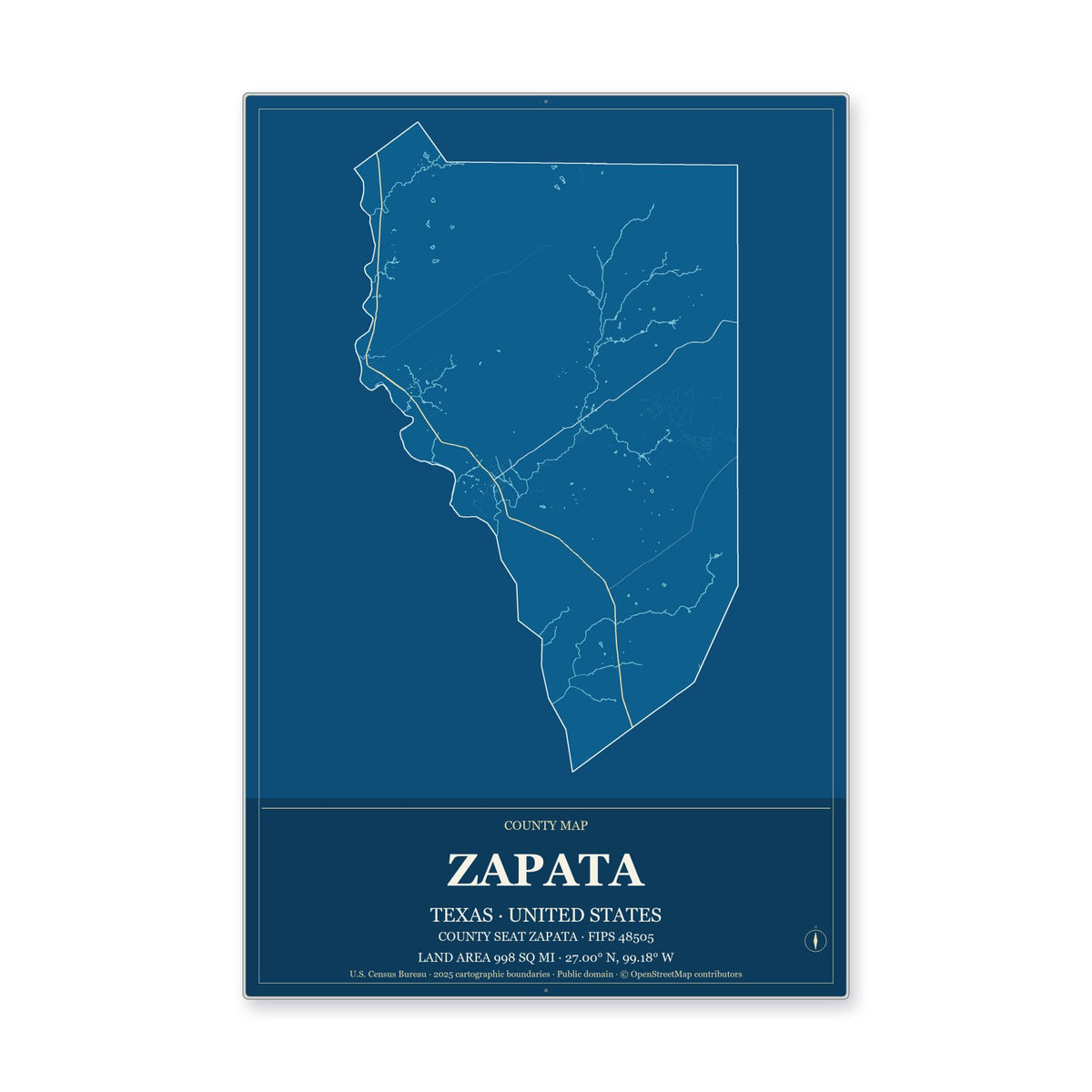 Zapata County, Texas Map Aluminum Sign in Harbor Cobalt style