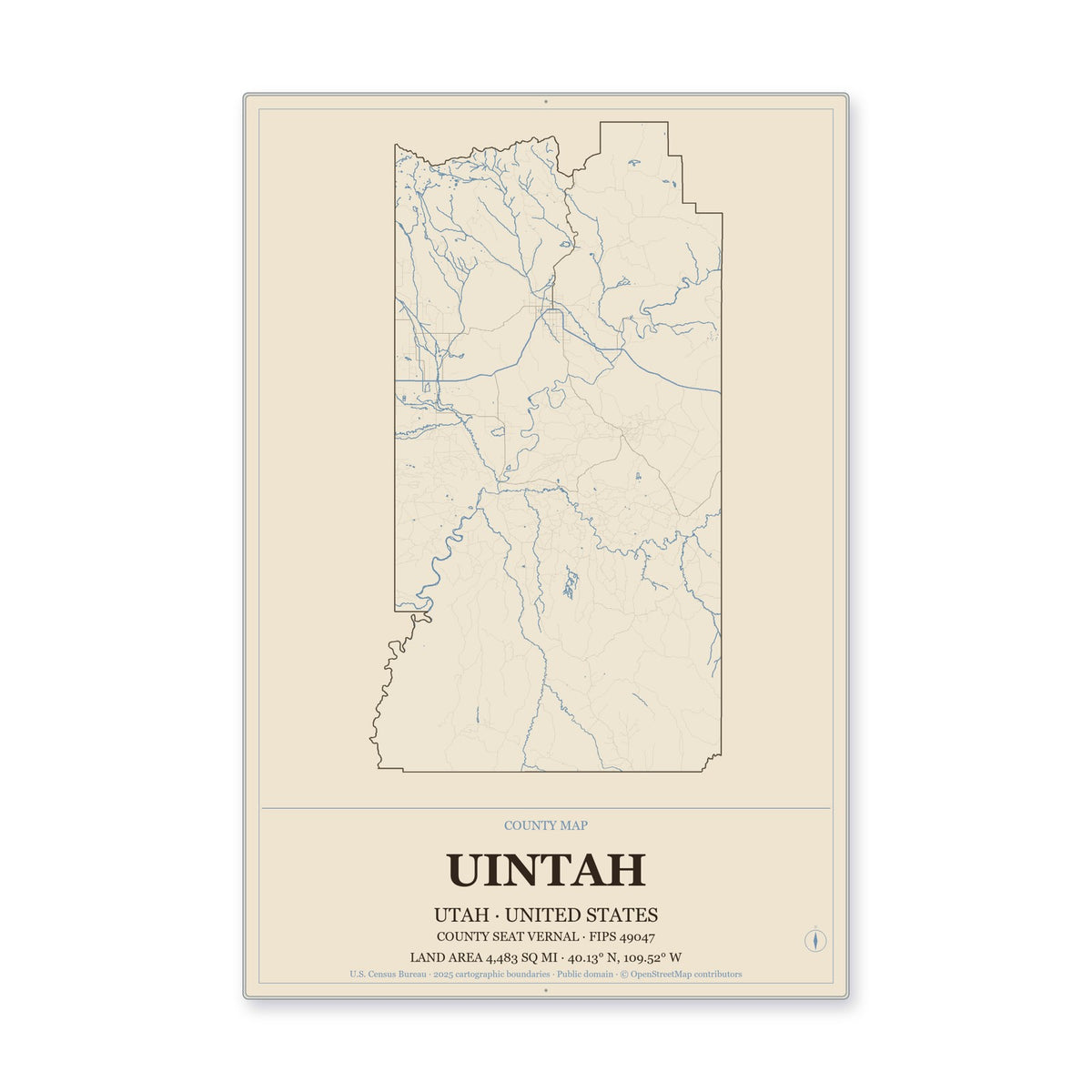 Uintah County, Utah Map Aluminum Sign in Heritage Nautical style