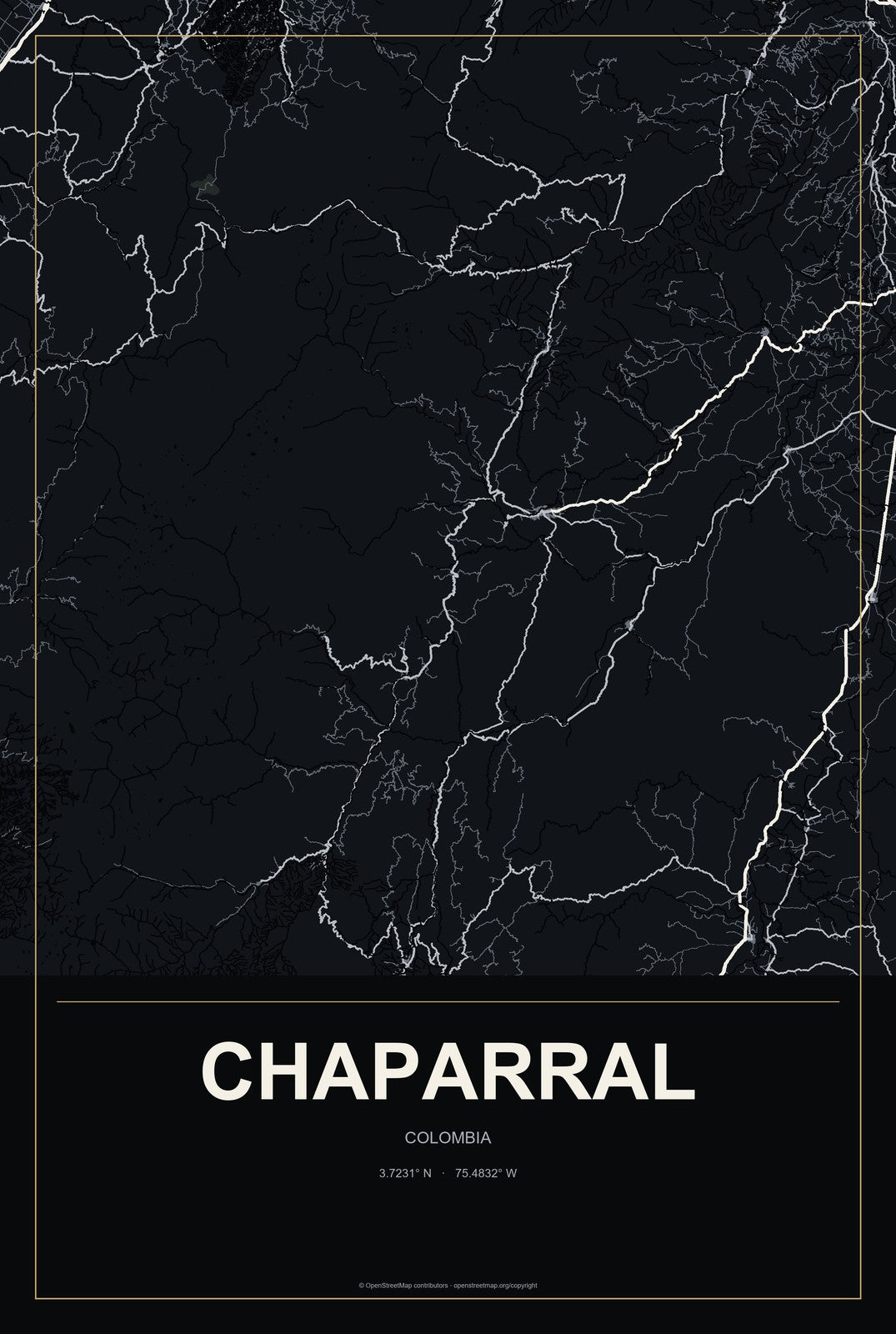 Chaparral, Colombia City Map Aluminum Sign in Metropolitan Noir style
