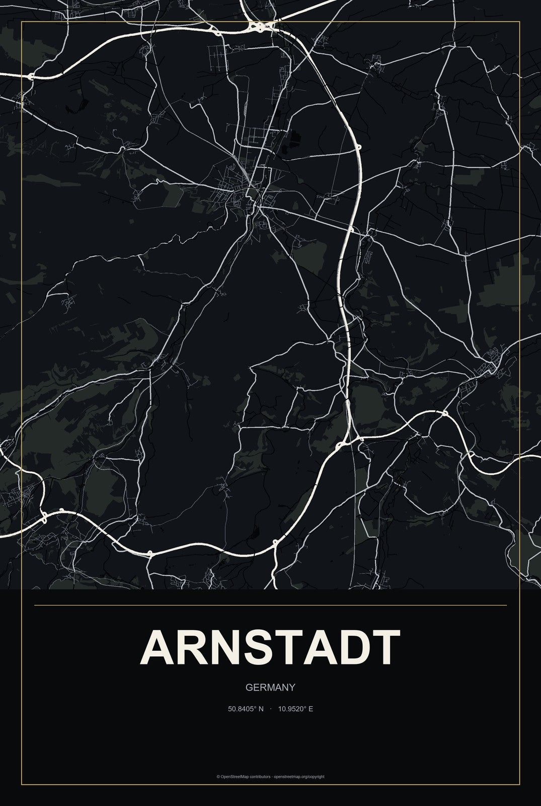 Arnstadt, Germany City Map Aluminum Sign in Metropolitan Noir style