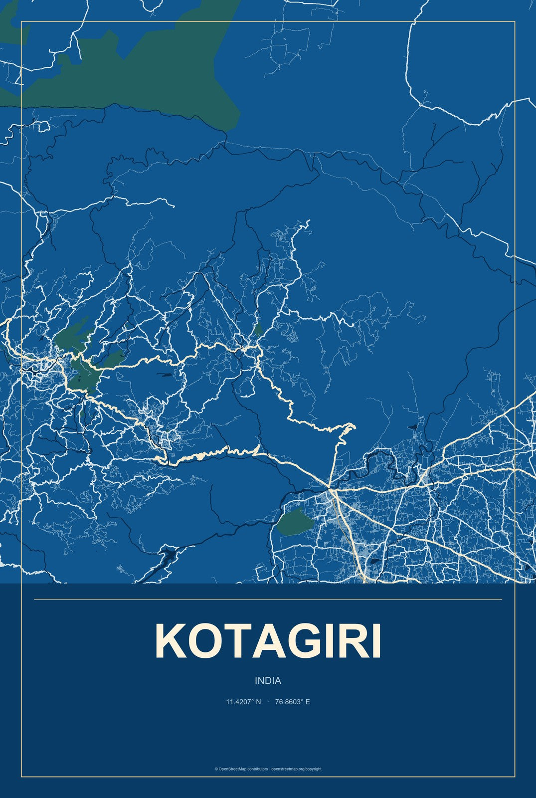Kotagiri, India City Map Aluminum Sign in Harbor Cobalt style