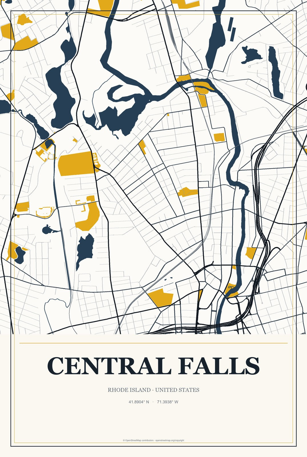 Central Falls, Rhode Island City Map Aluminum Sign in Citrine Modern style