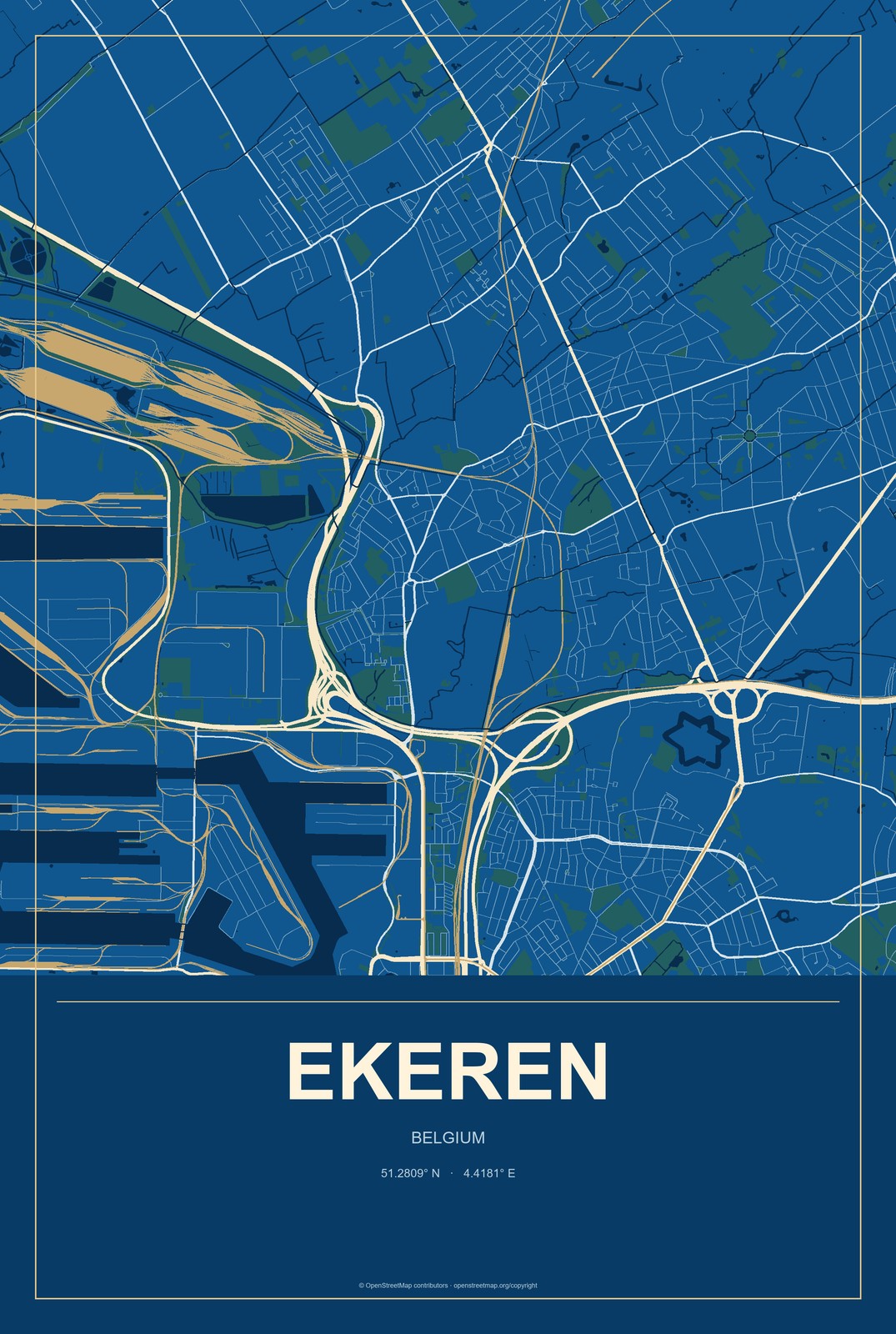 Ekeren, Belgium City Map Aluminum Sign in Harbor Cobalt style