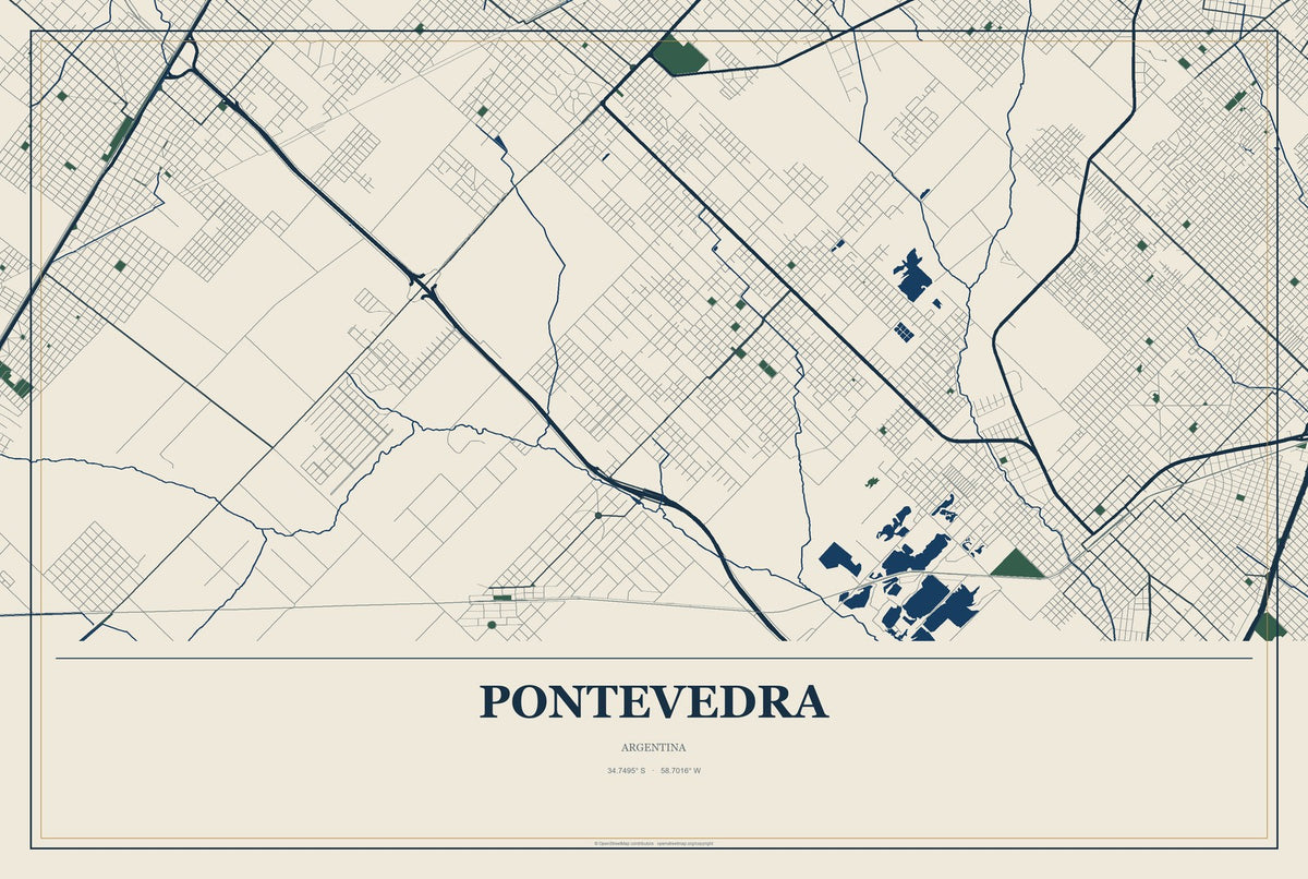 Pontevedra, Argentina City Map Aluminum Sign in Coastal Cutout style
