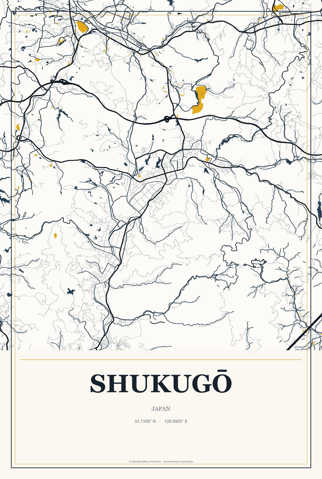 Shukugō, Japan City Map Aluminum Sign in Citrine Modern style