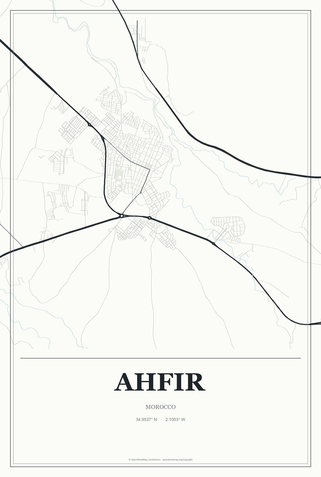 Ahfir, Morocco City Map Aluminum Sign in Gallery Air style