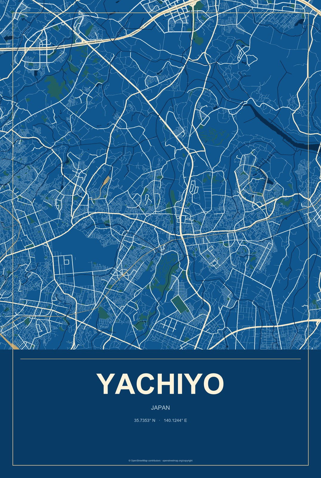 Yachiyo, Ibaraki, Japan City Map Aluminum Sign in Harbor Cobalt style