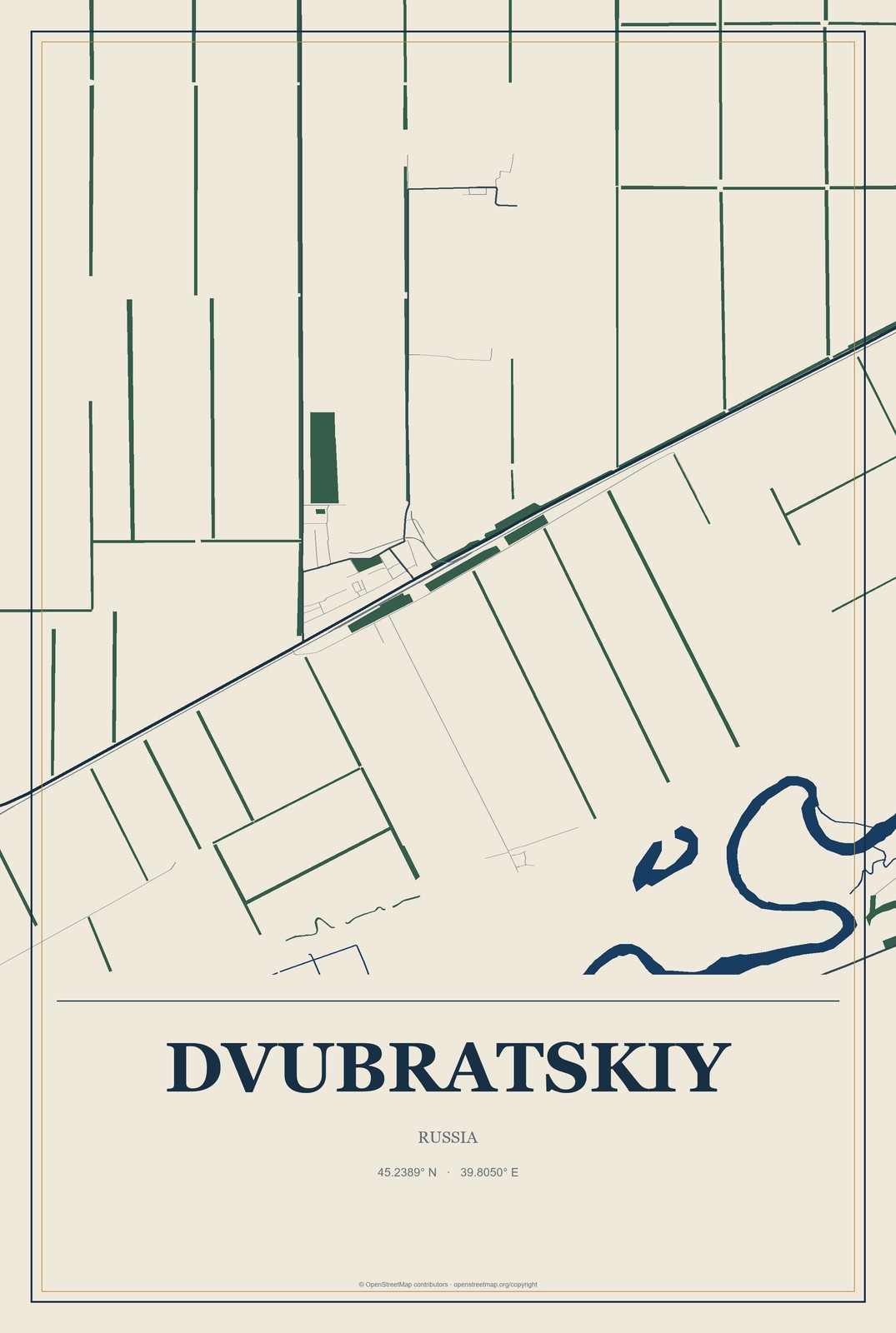 Dvubratskiy, Russia City Map Aluminum Sign in Coastal Cutout style