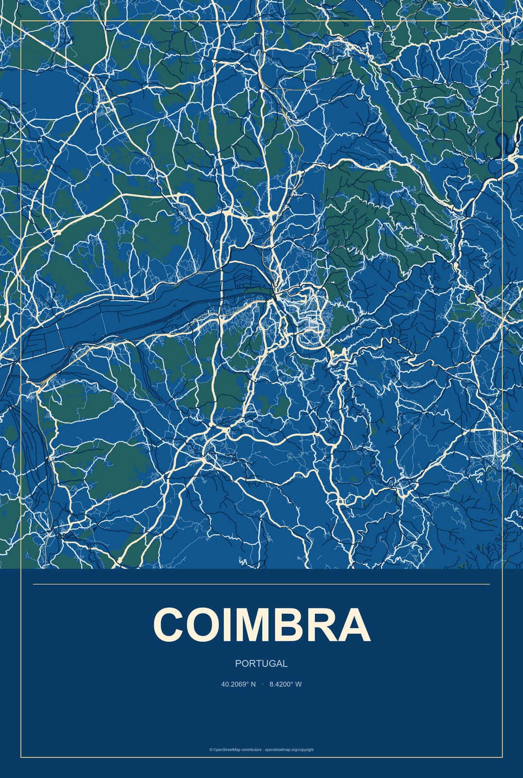 Coimbra, Portugal City Map Aluminum Sign in Harbor Cobalt style