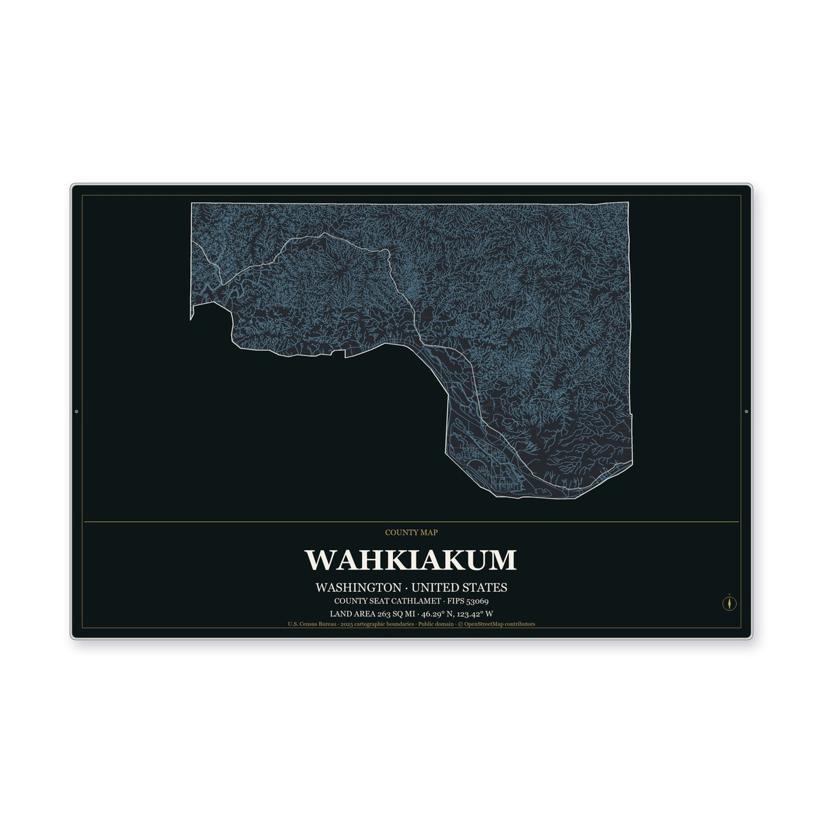 Wahkiakum County, Washington Map Aluminum Sign in Metropolitan Noir style
