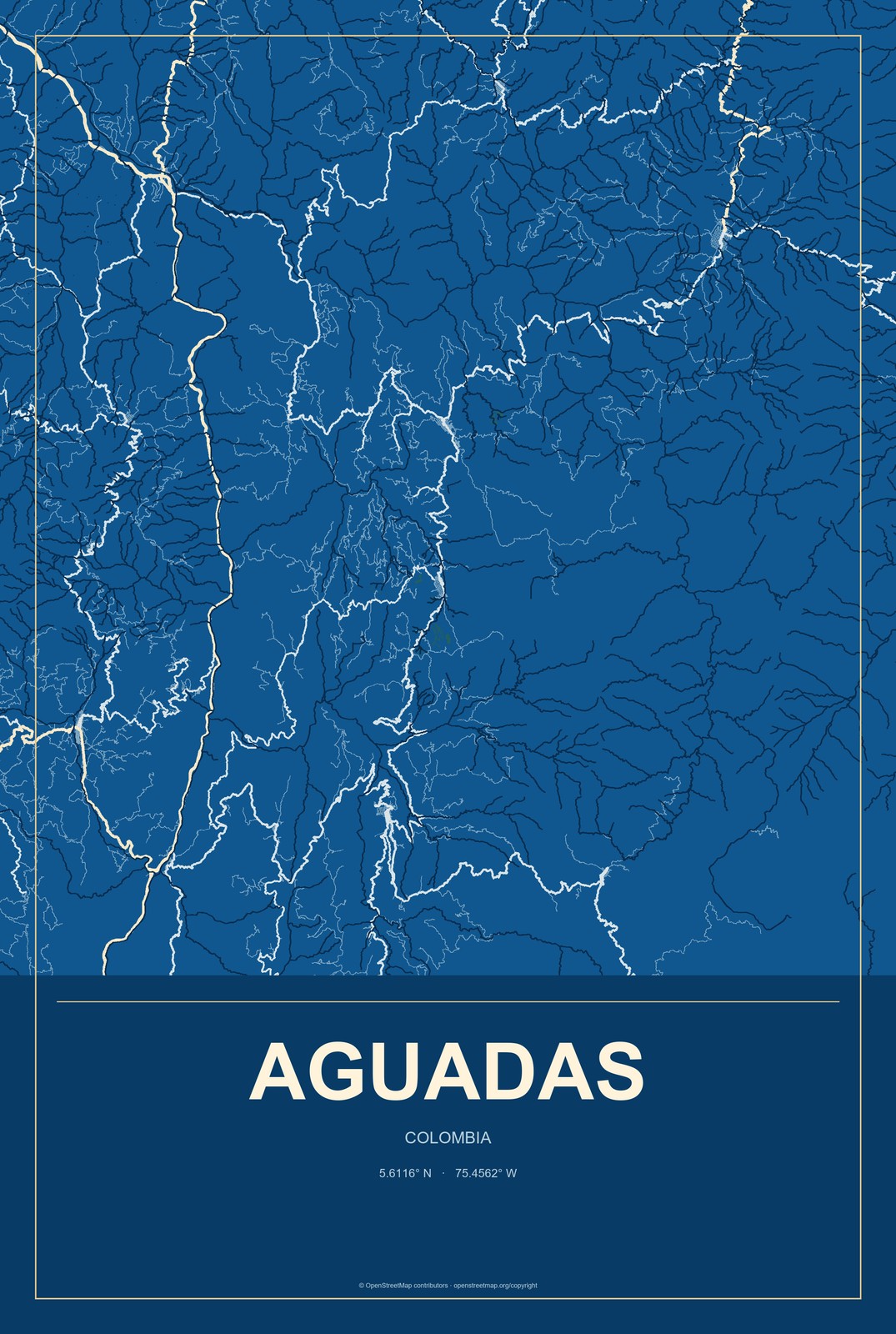 Aguadas, Colombia City Map Aluminum Sign in Harbor Cobalt style