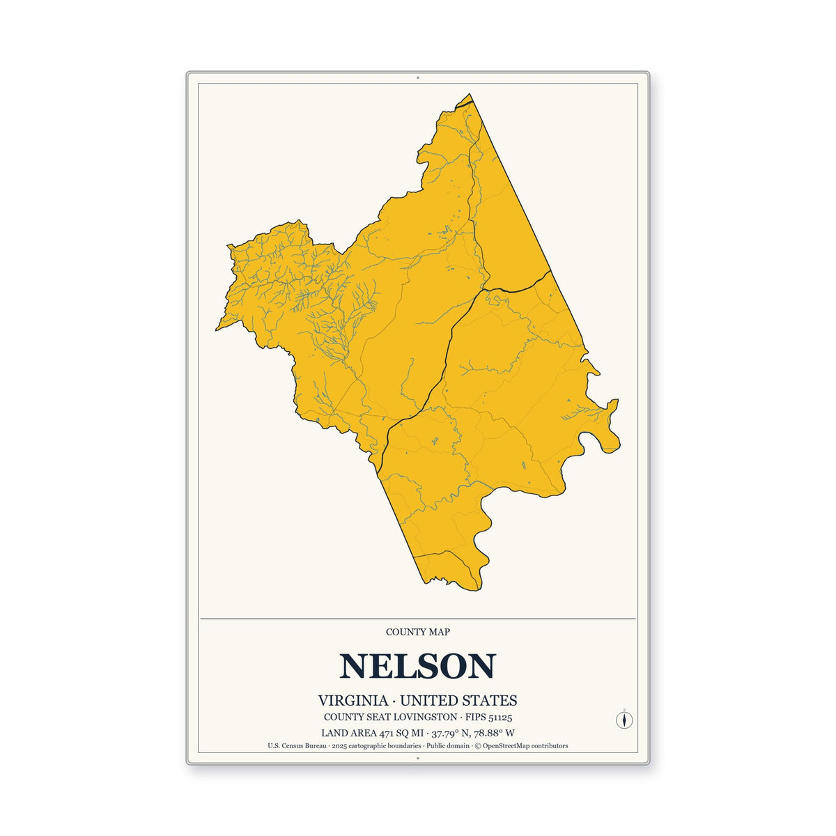 Nelson County, Virginia Map Aluminum Sign in Citrine Modern style