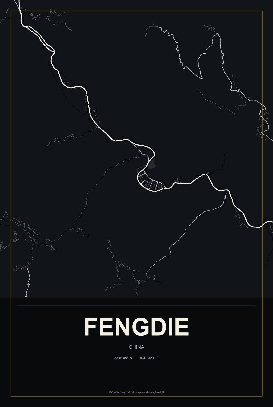 Fengdie, China City Map Aluminum Sign in Metropolitan Noir style