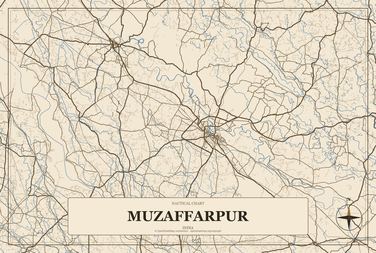 Muzaffarpur, India City Map Aluminum Sign in Heritage Nautical style
