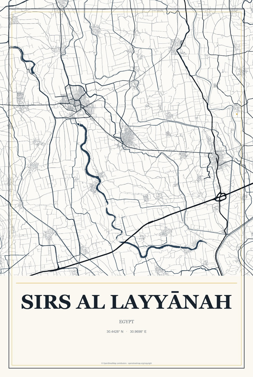 Sirs al Layyānah, Egypt City Map Aluminum Sign in Citrine Modern style