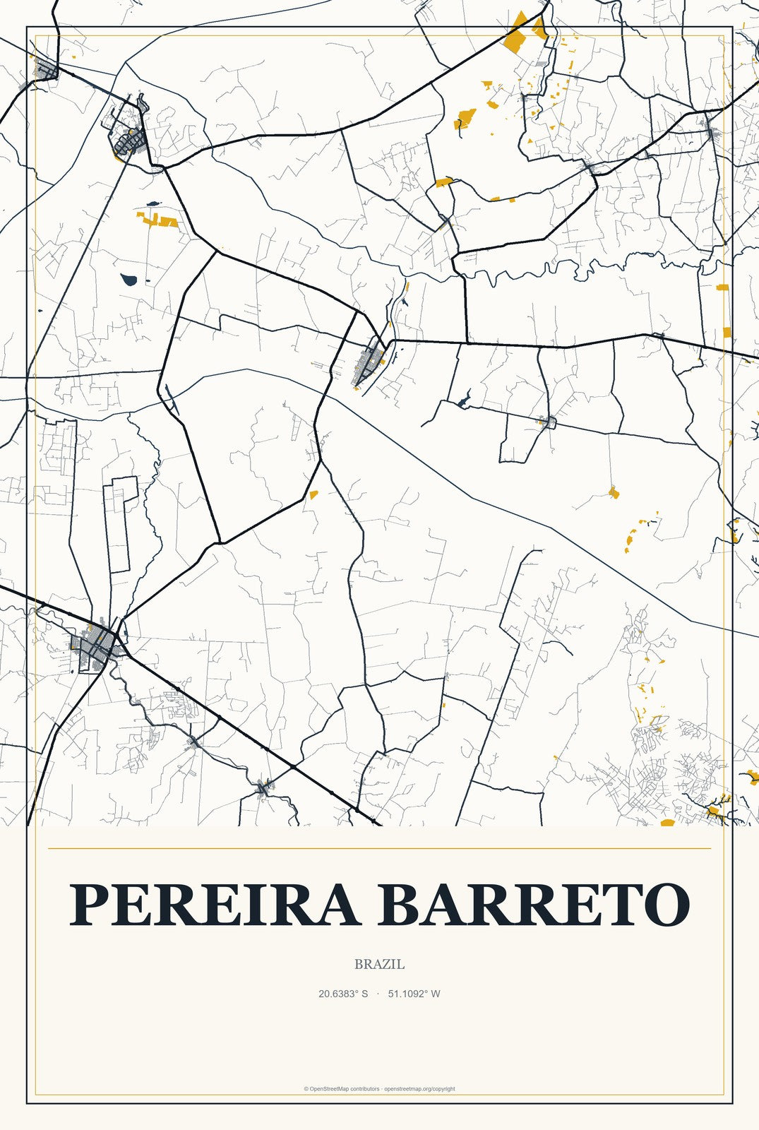 Pereira Barreto, Brazil City Map Aluminum Sign in Citrine Modern style