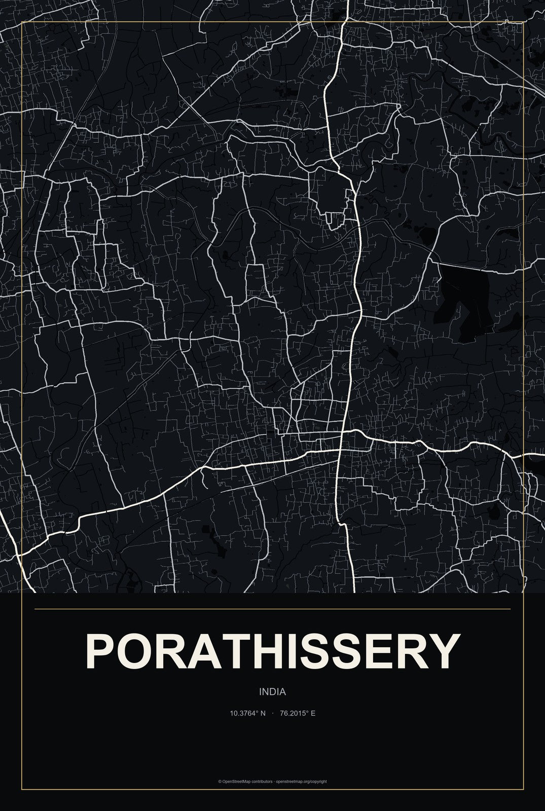 Porathissery, India City Map Aluminum Sign in Metropolitan Noir style
