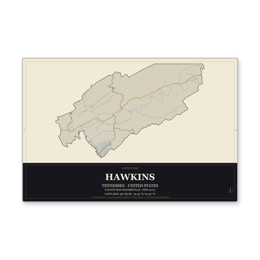 Hawkins County, Tennessee Map Aluminum Sign in Museum Plaque style