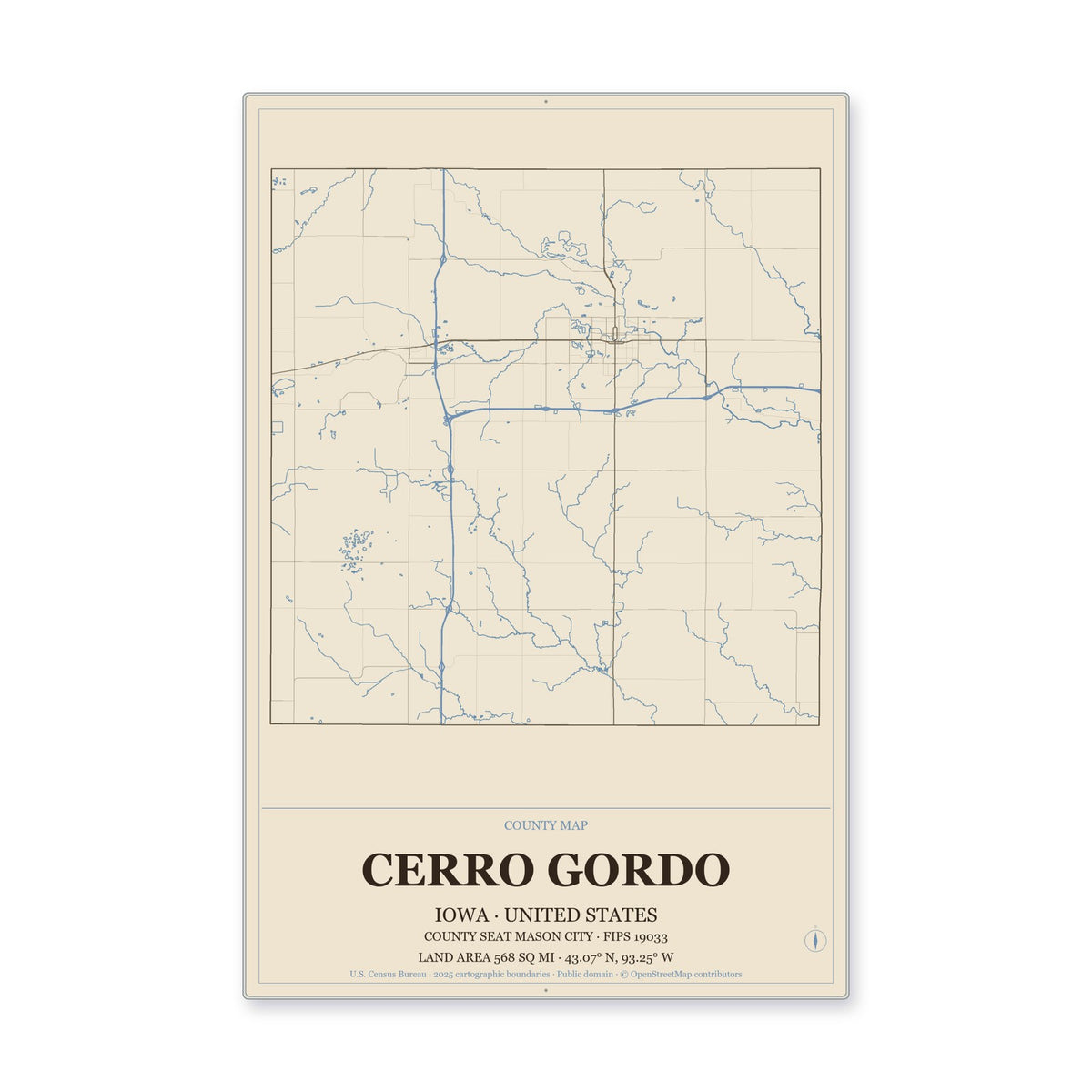 Cerro Gordo County, Iowa Map Aluminum Sign in Heritage Nautical style
