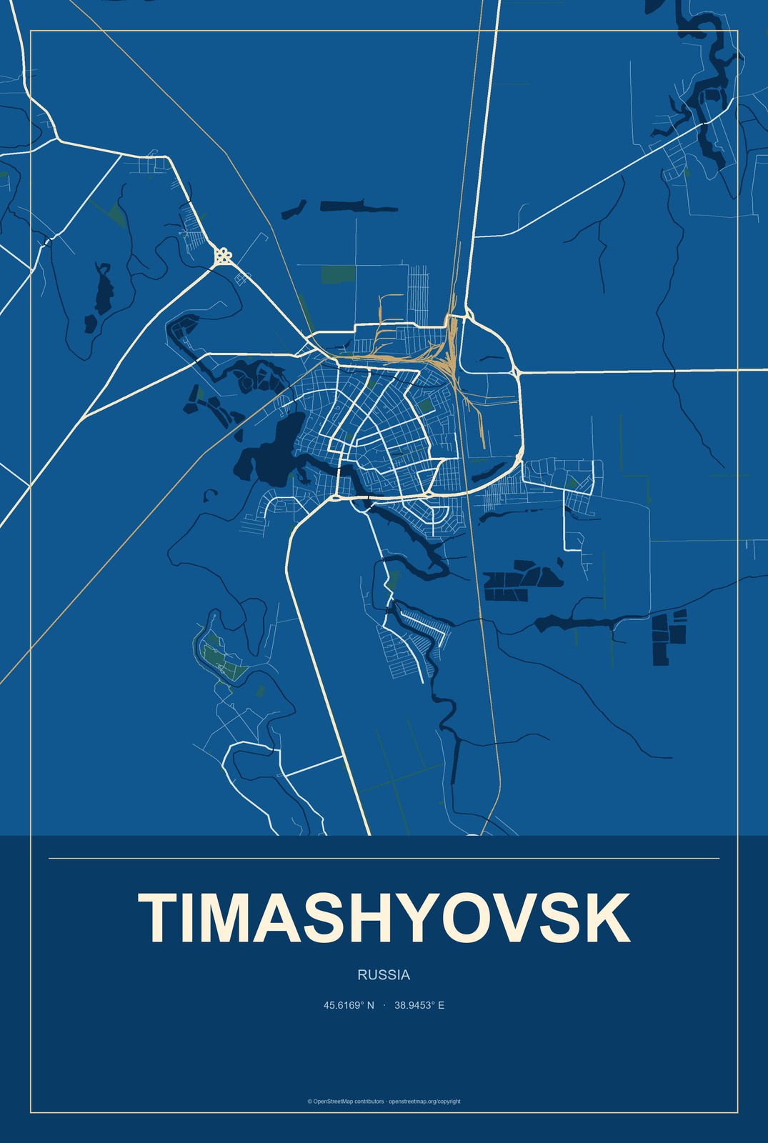 Timashyovsk, Russia City Map Aluminum Sign in Harbor Cobalt style