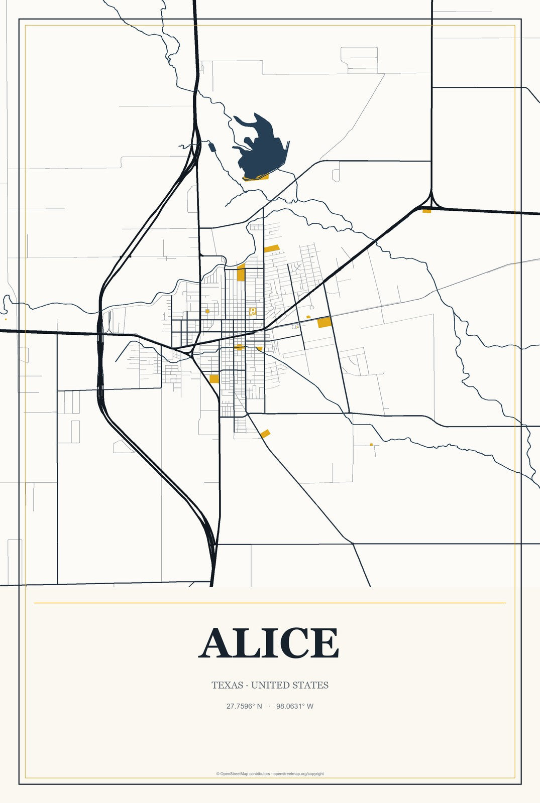Alice, Texas City Map Aluminum Sign in Citrine Modern style