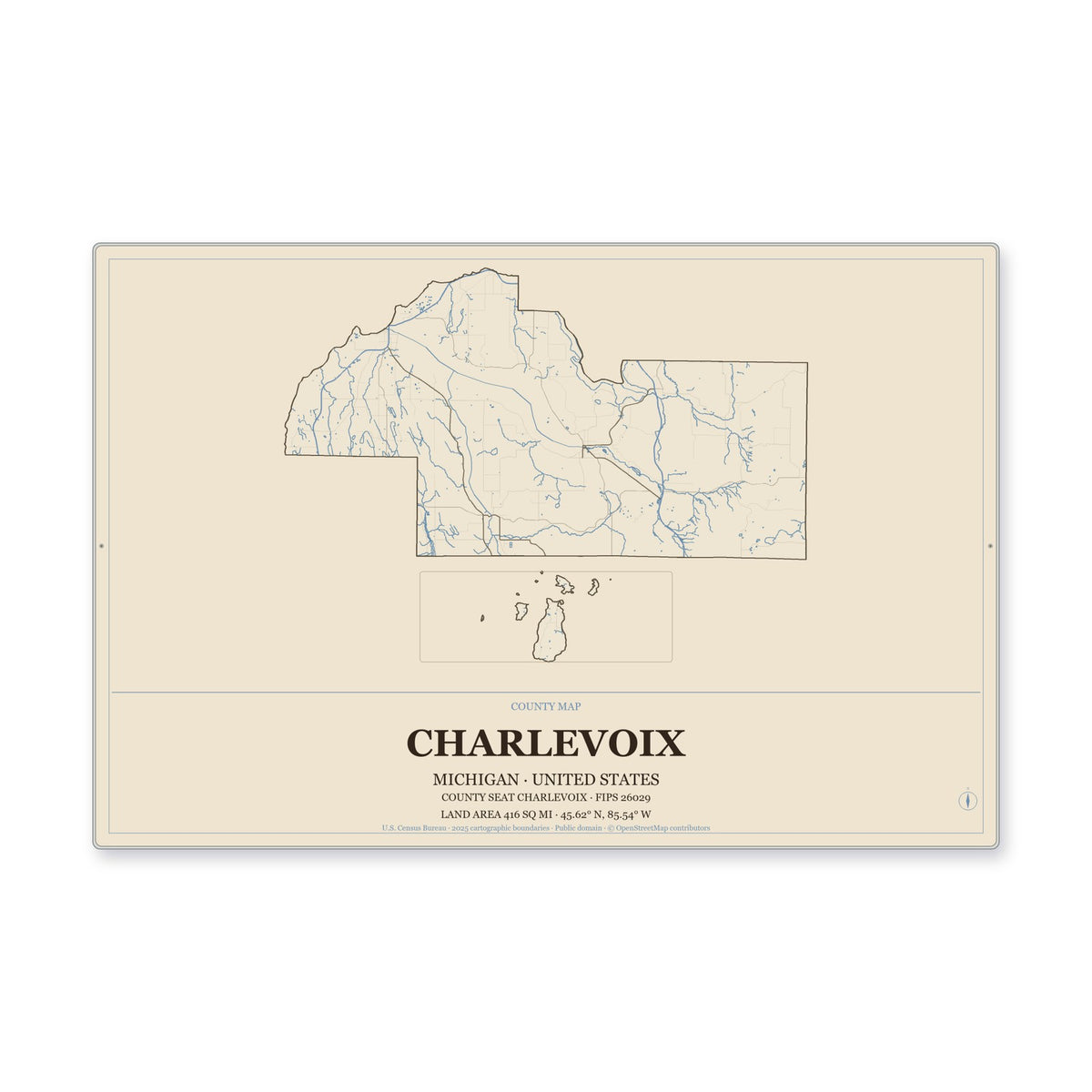 Charlevoix County, Michigan Map Aluminum Sign in Heritage Nautical style