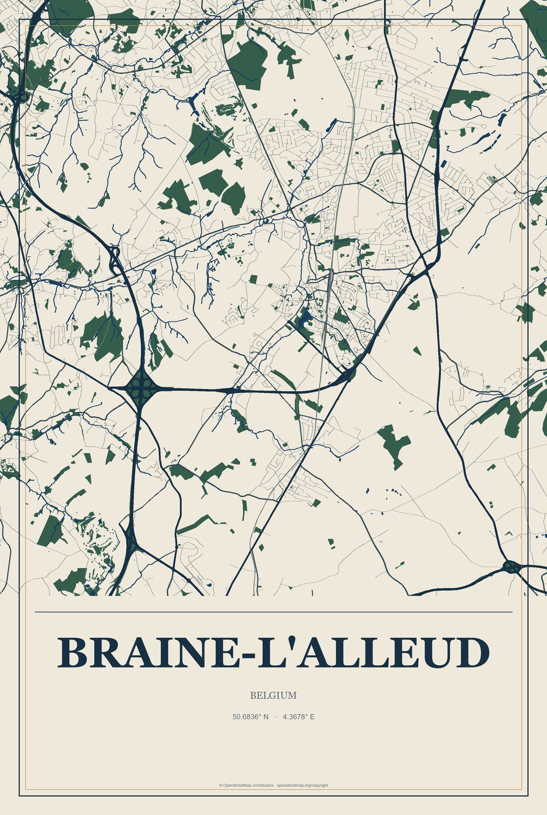 Braine-l'Alleud, Belgium City Map Aluminum Sign in Coastal Cutout style
