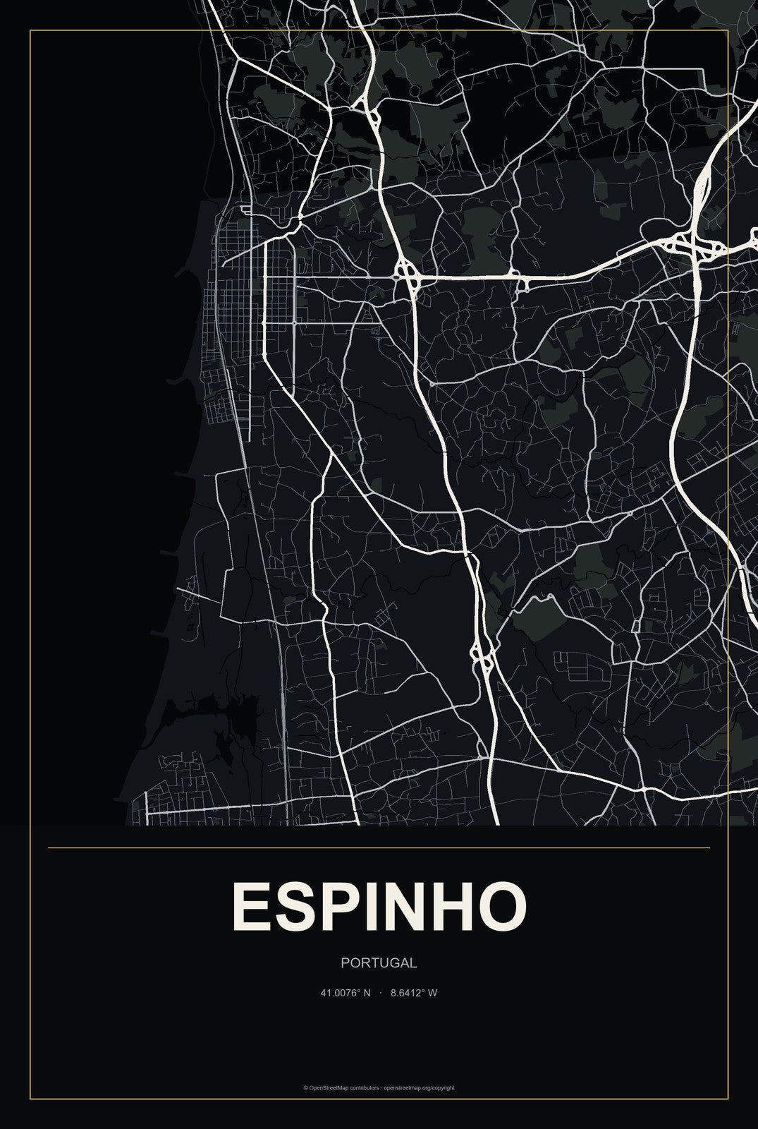 Espinho, Portugal City Map Aluminum Sign in Metropolitan Noir style