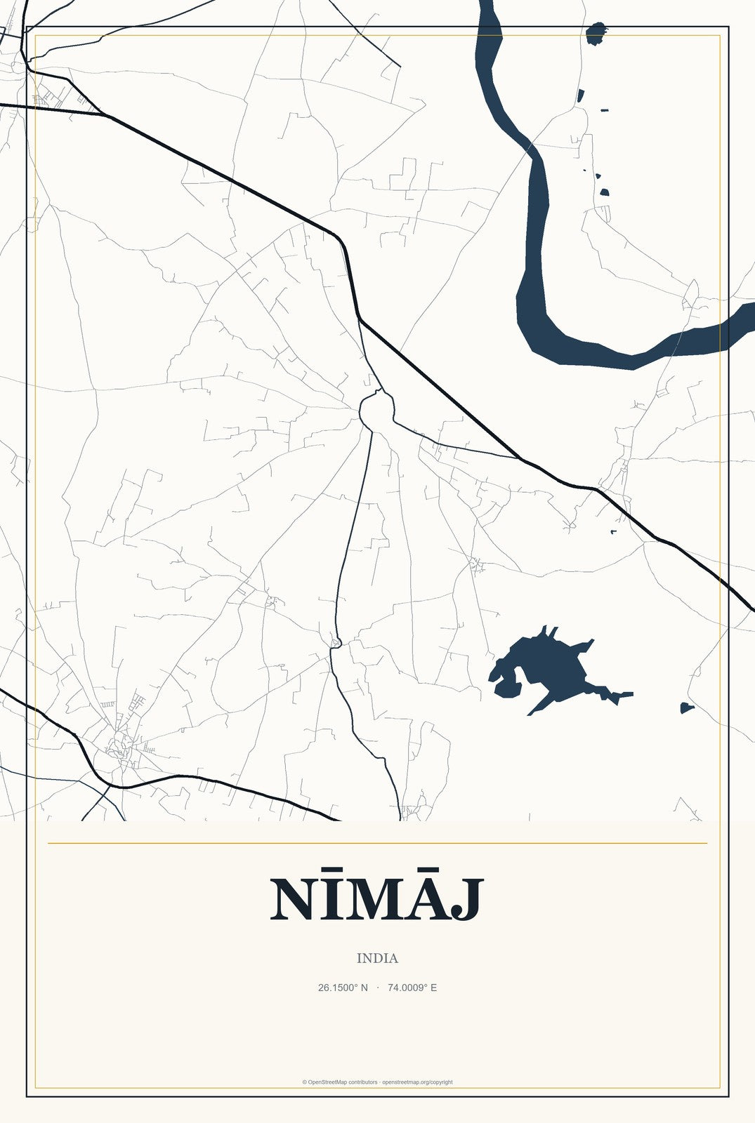 Nīmāj, India City Map Aluminum Sign in Citrine Modern style