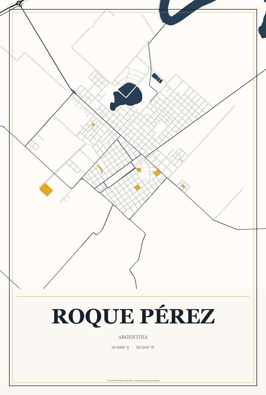 Roque Pérez, Argentina City Map Aluminum Sign in Citrine Modern style