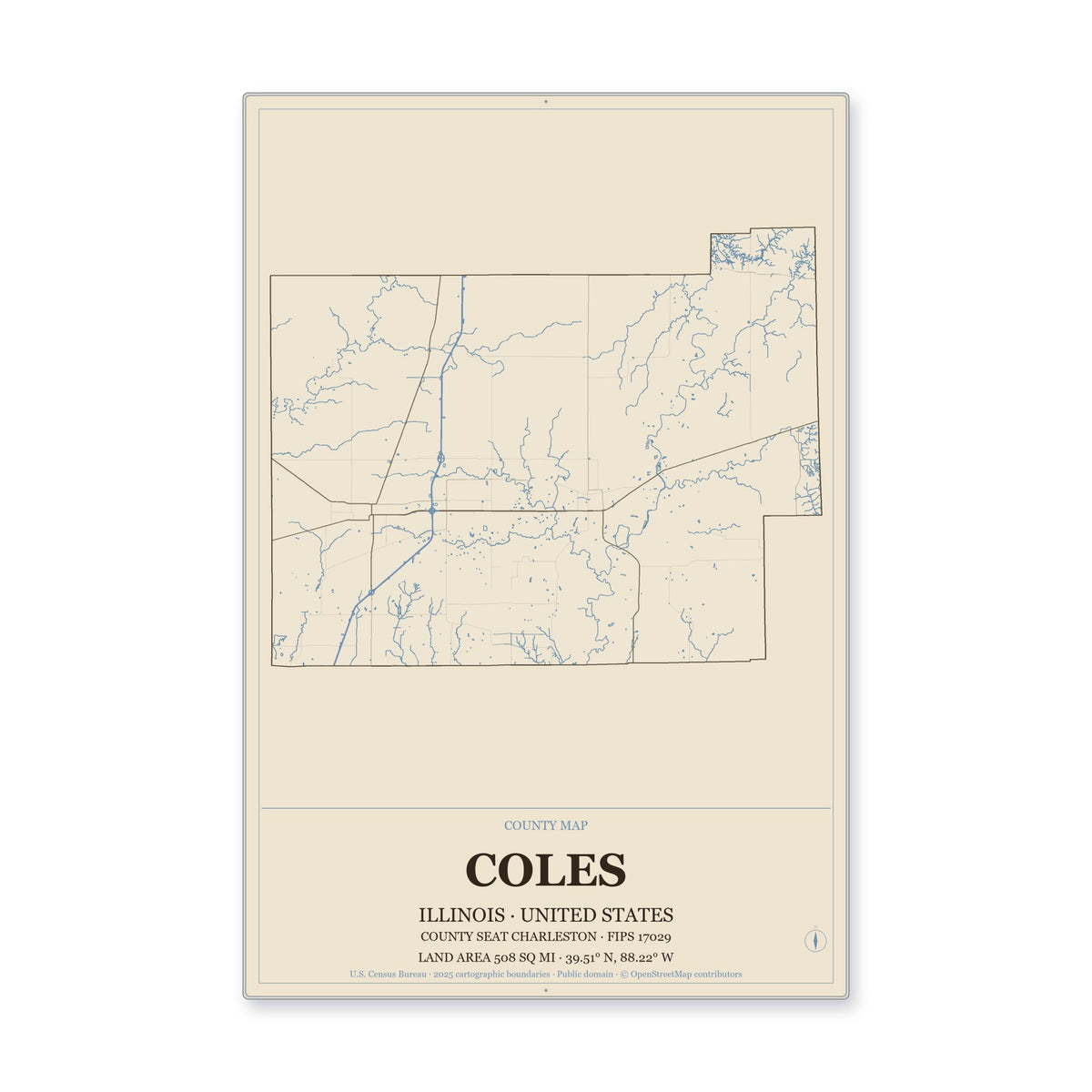 Coles County, Illinois Map Aluminum Sign in Heritage Nautical style