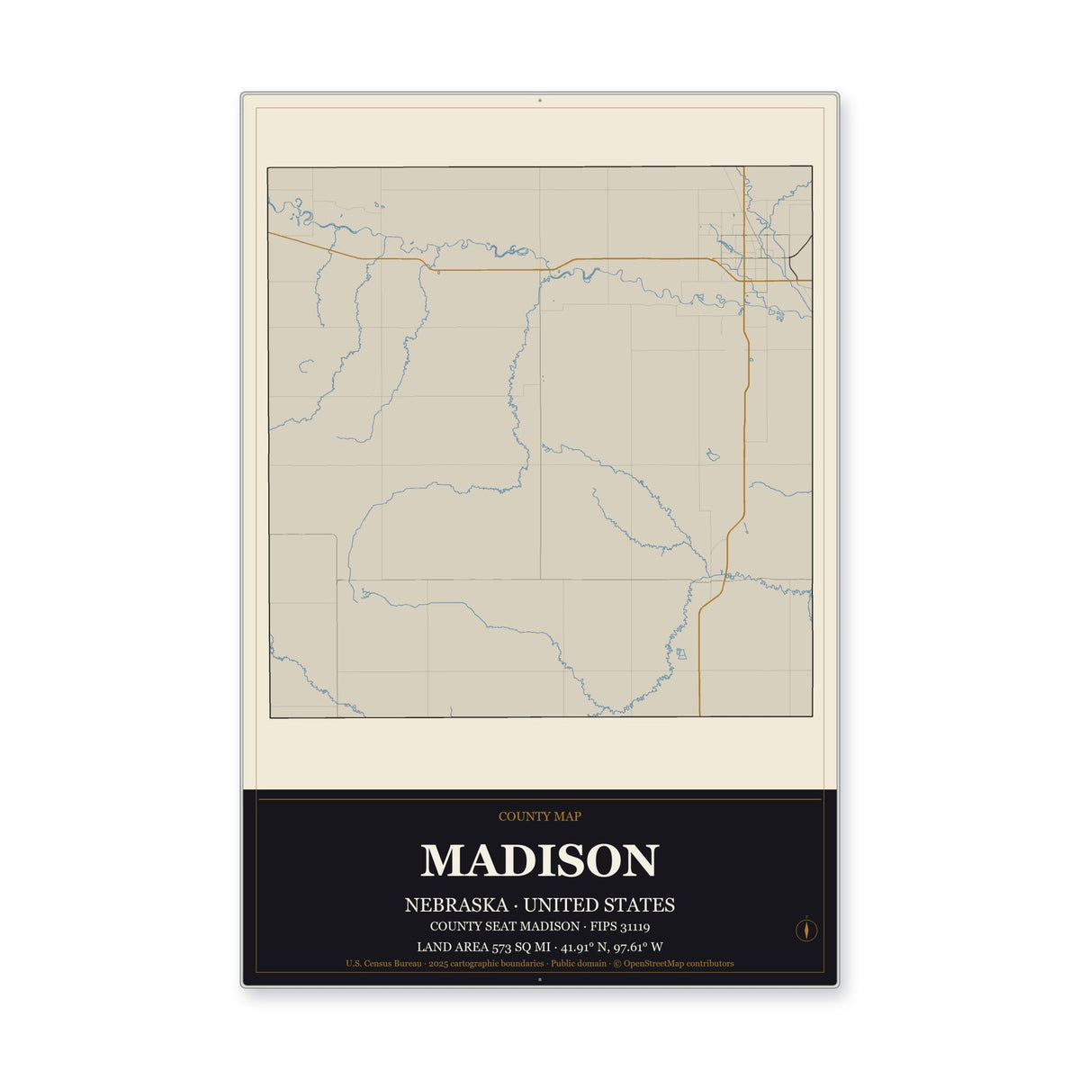 Madison County, Nebraska Map Aluminum Sign in Museum Plaque style
