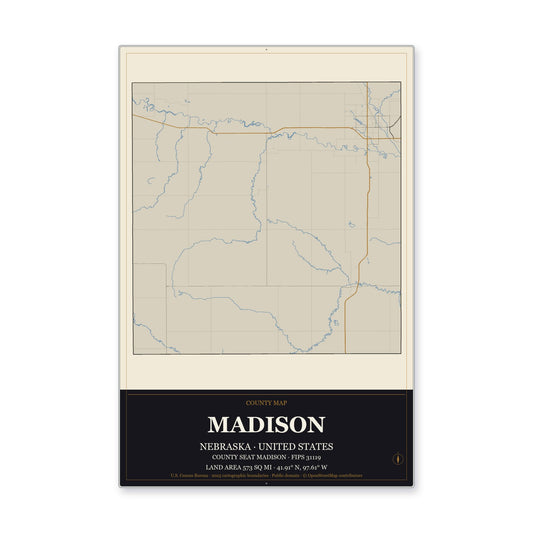 Madison County, Nebraska Map Aluminum Sign in Museum Plaque style