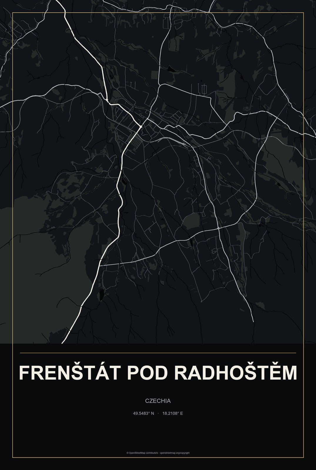 Frenštát pod Radhoštěm, Czechia City Map Aluminum Sign in Metropolitan Noir style