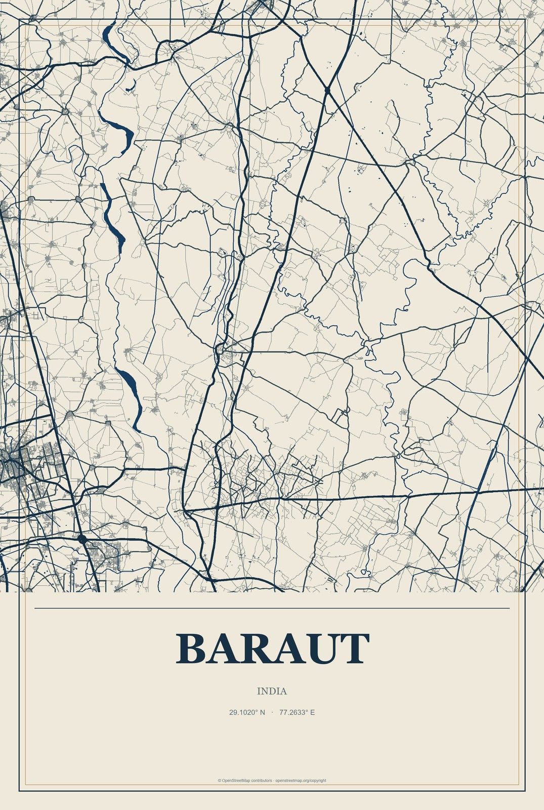 Baraut, India City Map Aluminum Sign in Coastal Cutout style