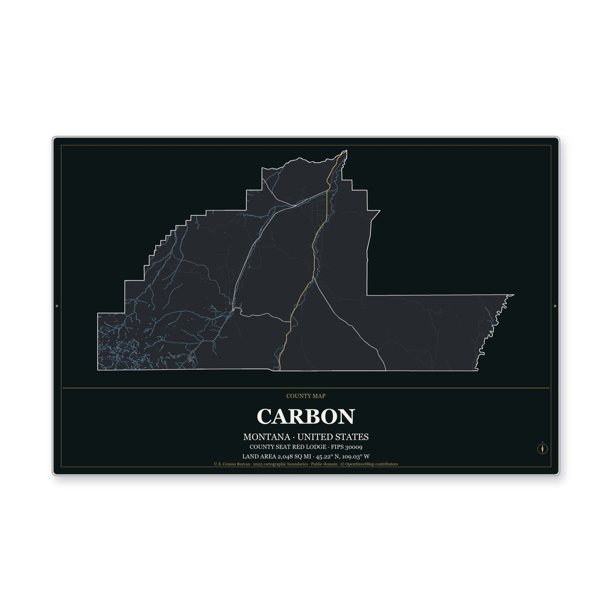 Carbon County, Montana Map Aluminum Sign in Metropolitan Noir style