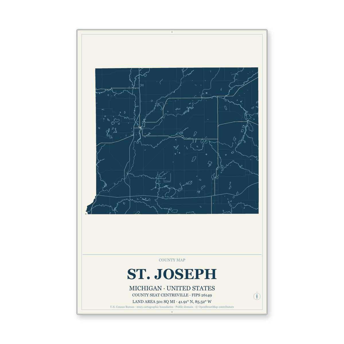 St. Joseph County, Michigan Map Aluminum Sign in Coastal Cutout style