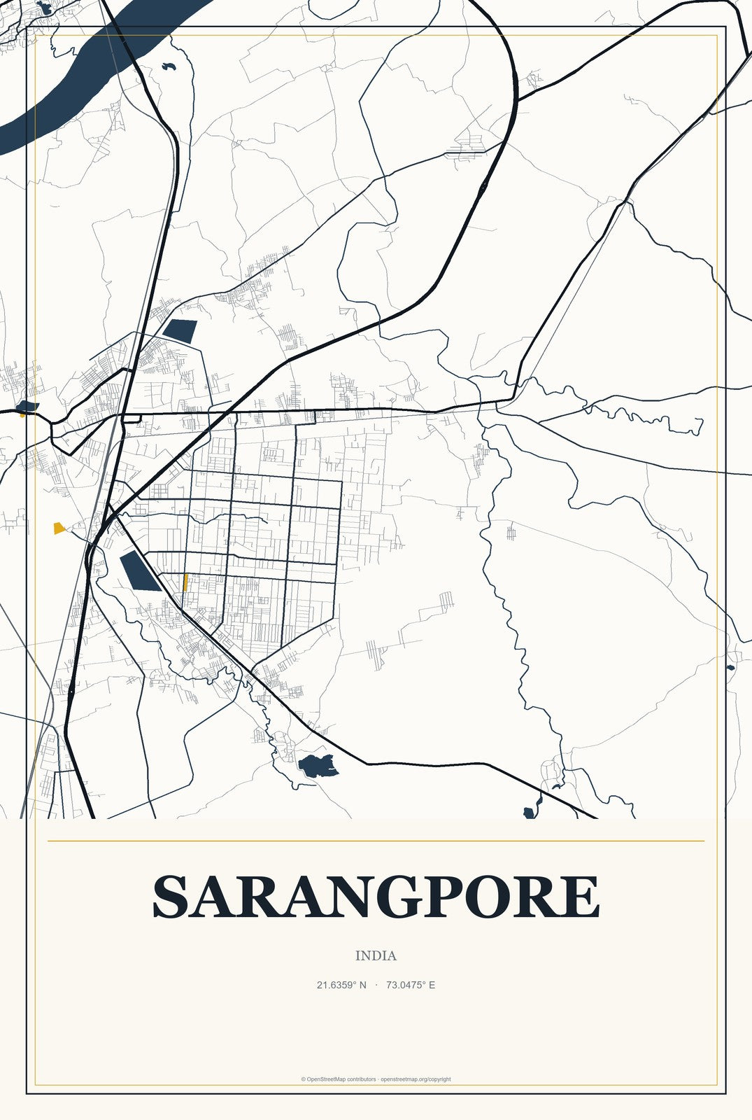 Sarangpore, India City Map Aluminum Sign in Citrine Modern style