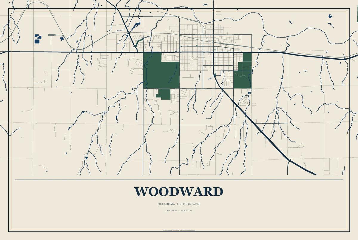 Woodward, Oklahoma City Map Aluminum Sign in Coastal Cutout style