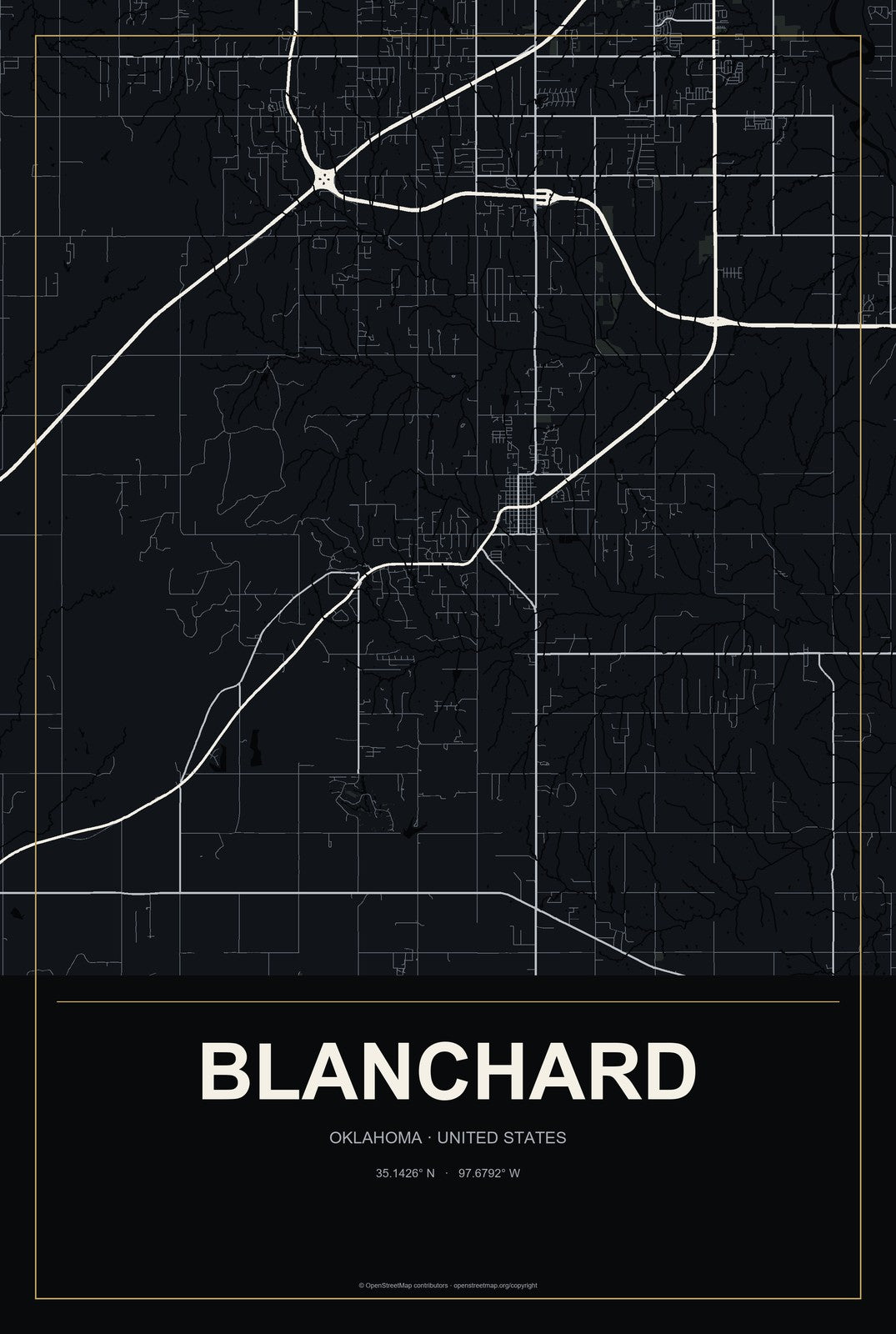 Blanchard, Oklahoma City Map Aluminum Sign in Metropolitan Noir style
