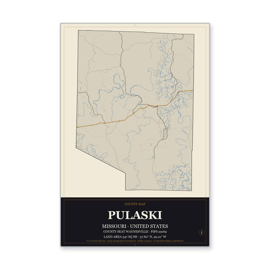 Pulaski County, Missouri Map Aluminum Sign in Museum Plaque style
