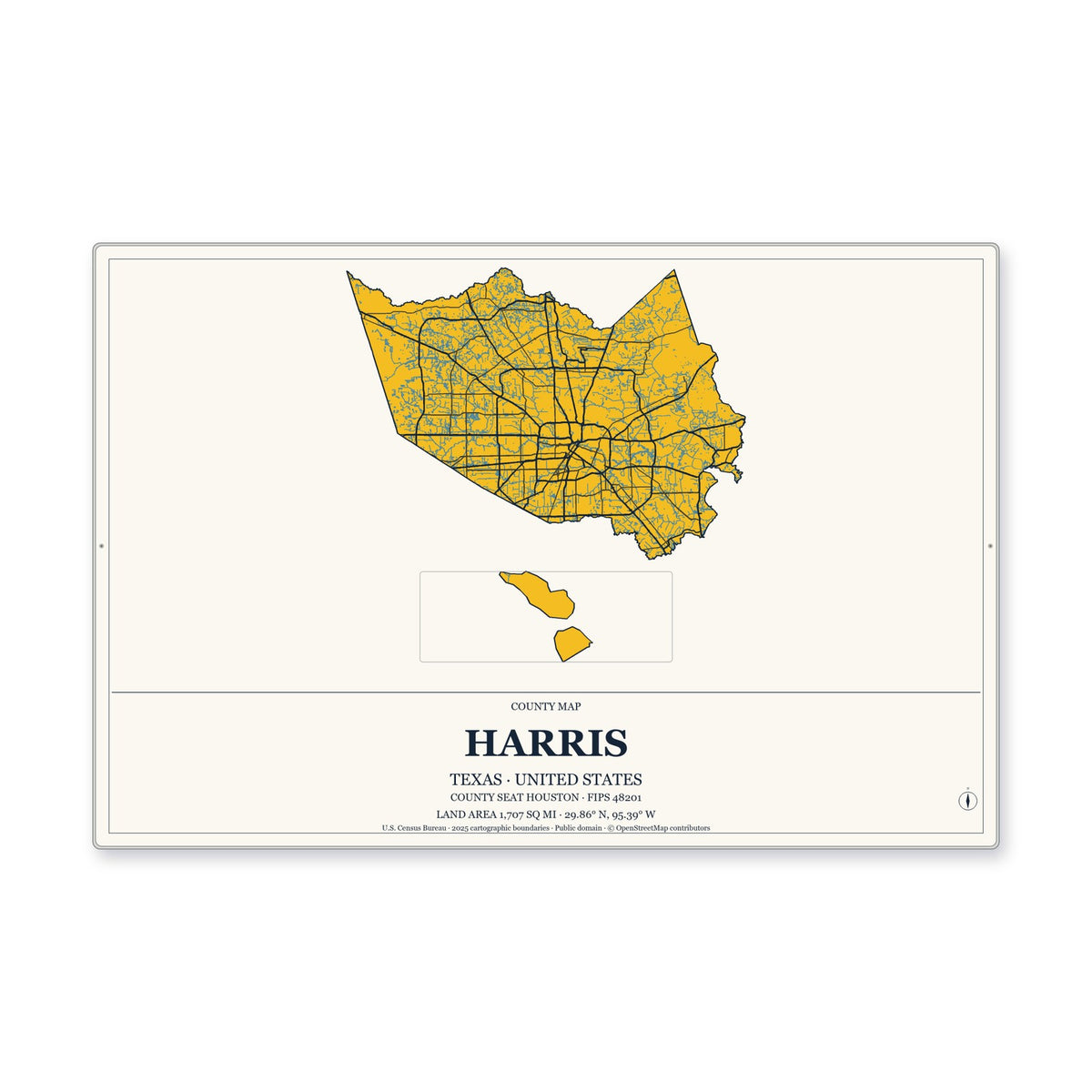 Harris County, Texas Map Aluminum Sign in Citrine Modern style