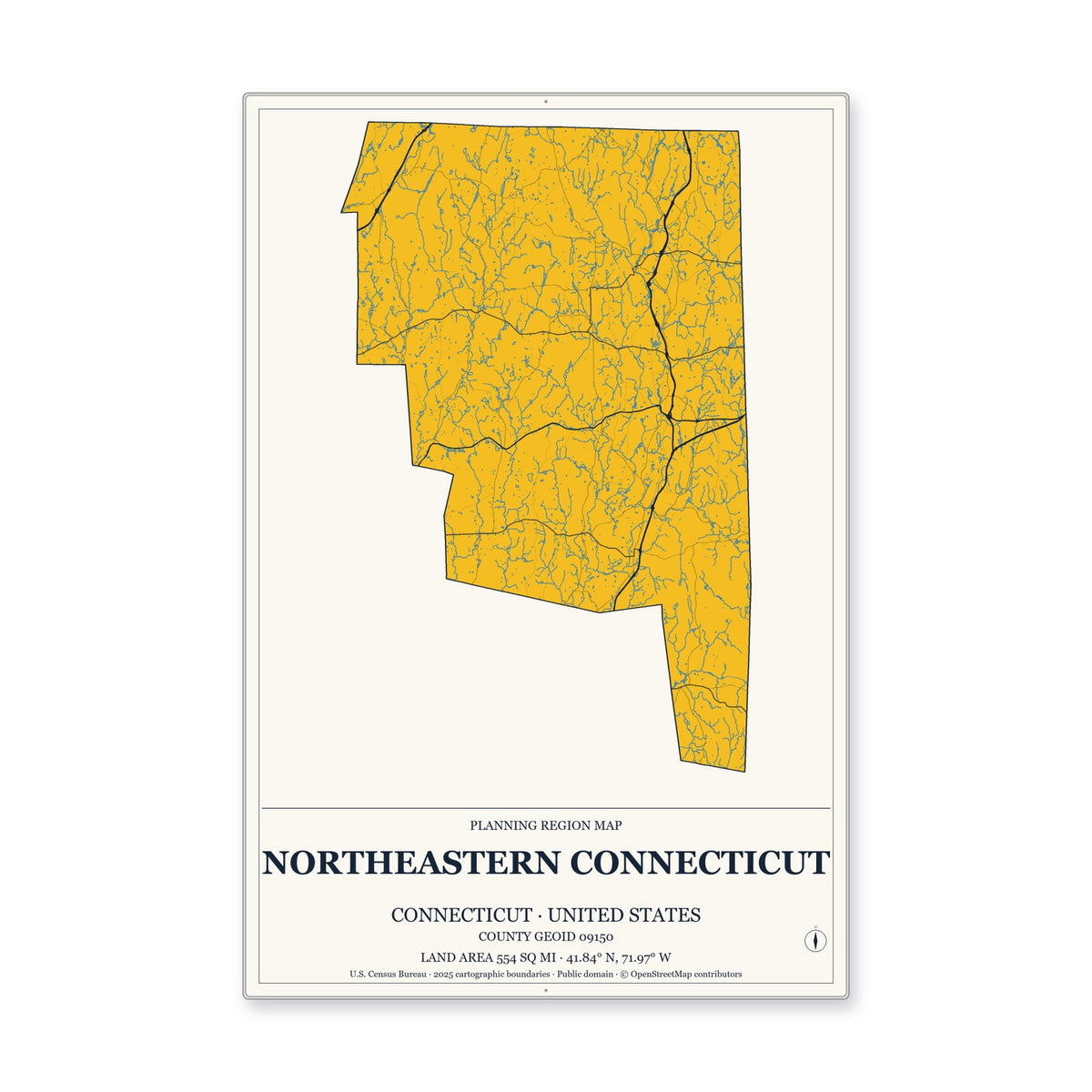 Northeastern Connecticut Planning Region, Connecticut Map Aluminum Sign in Citrine Modern style