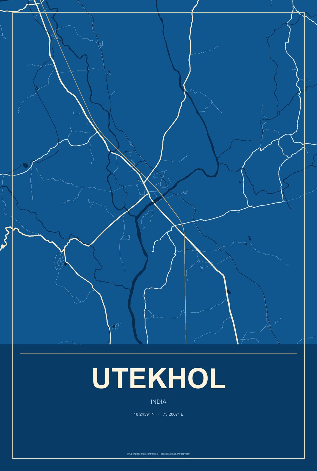 Utekhol, India City Map Aluminum Sign in Harbor Cobalt style