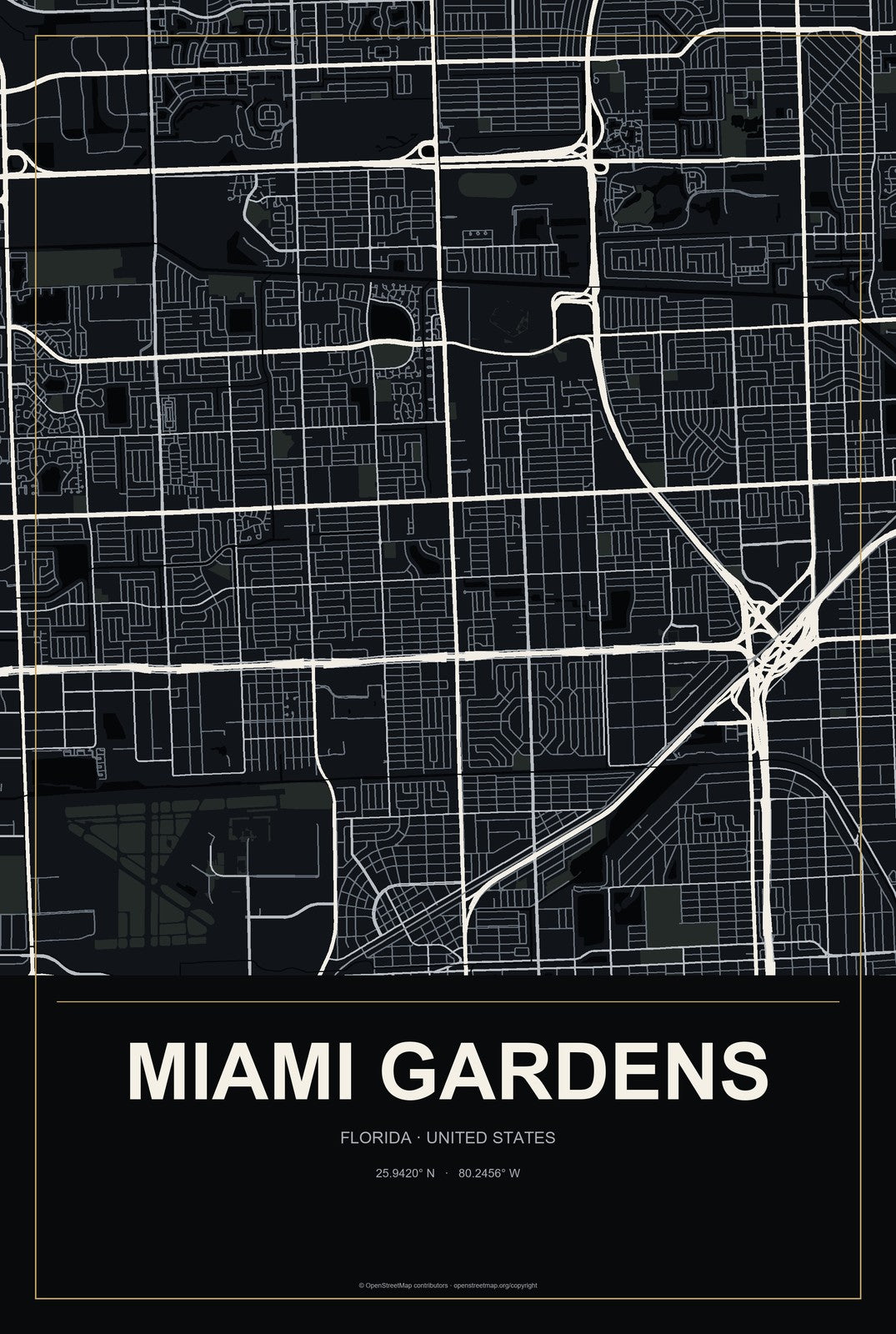 Miami Gardens, Florida City Map Aluminum Sign in Metropolitan Noir style